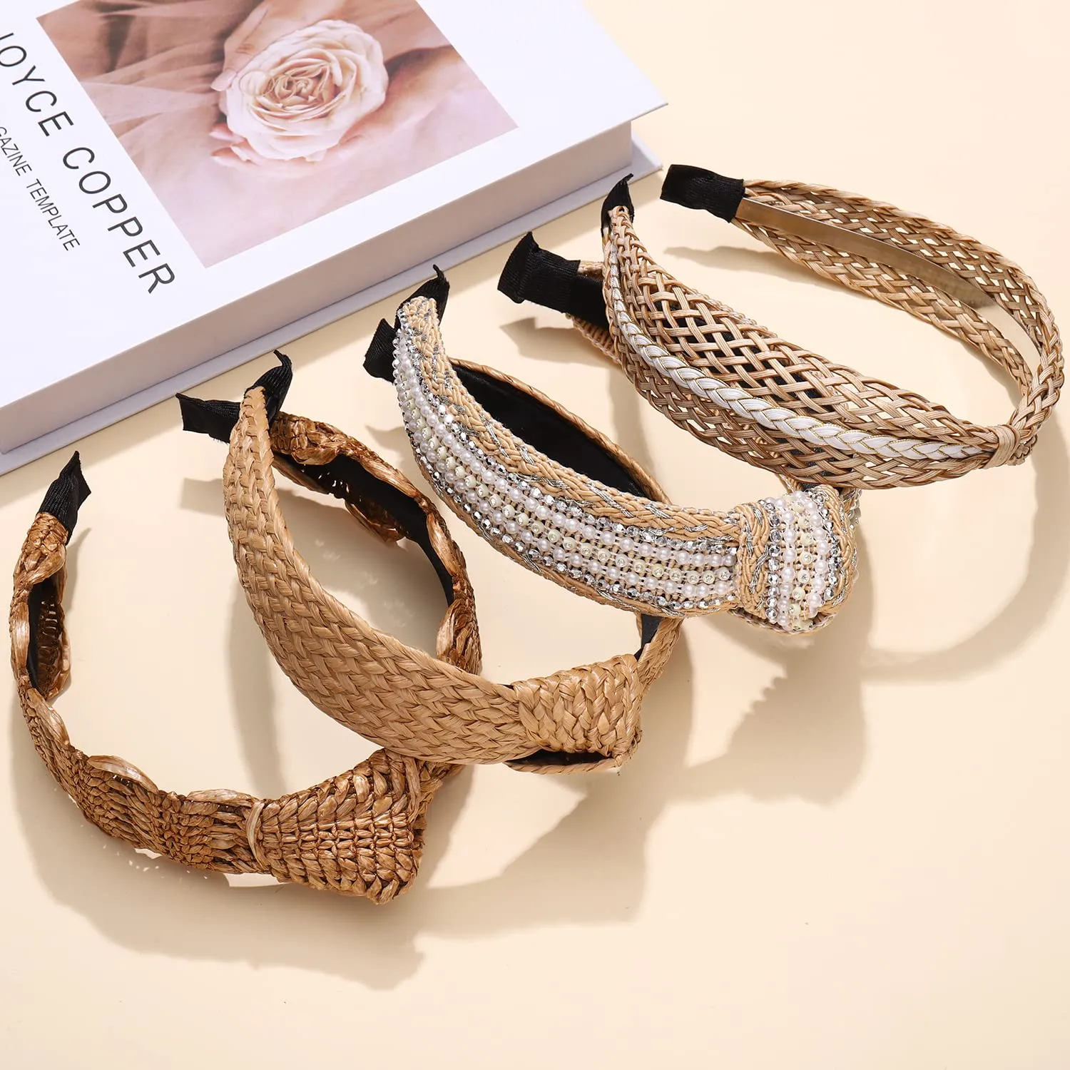 NVENF 6Pack Straw Headbands Rattan Earrings for Women, Boho Raffia Straw Knotted Hairband, Wide Woven Twist Hair Hoop, Summer Beach Headwear Hair Accessory