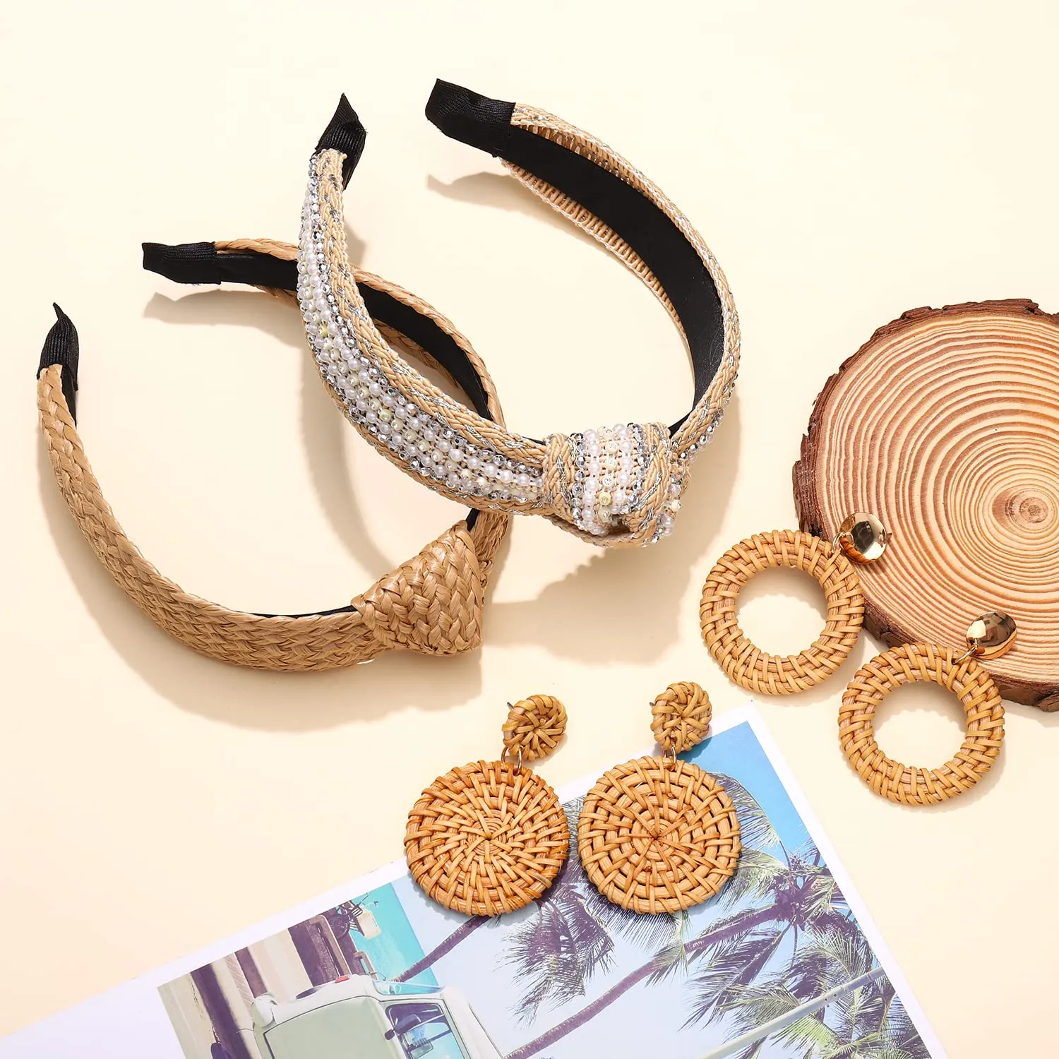 NVENF 6Pack Straw Headbands Rattan Earrings for Women, Boho Raffia Straw Knotted Hairband, Wide Woven Twist Hair Hoop, Summer Beach Headwear Hair Accessory