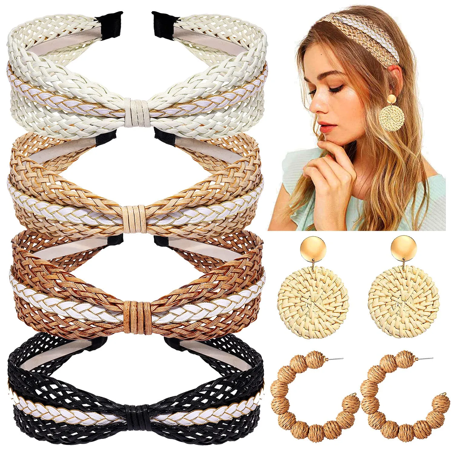 NVENF 6Pack Straw Headbands Rattan Earrings for Women, Boho Raffia Straw Knotted Hairband, Wide Woven Twist Hair Hoop, Summer Beach Headwear Hair Accessory