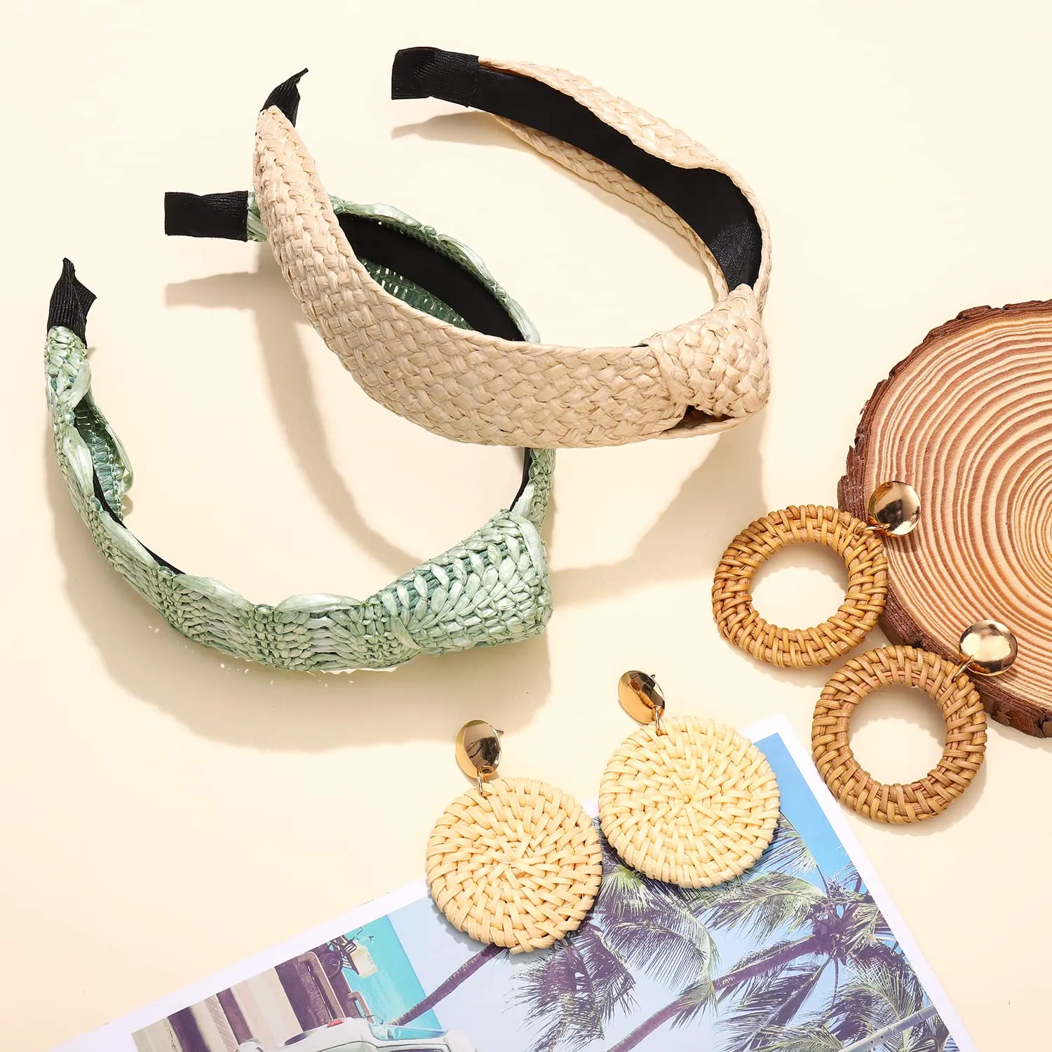 NVENF 6Pack Straw Headbands Rattan Earrings for Women, Boho Raffia Straw Knotted Hairband, Wide Woven Twist Hair Hoop, Summer Beach Headwear Hair Accessory
