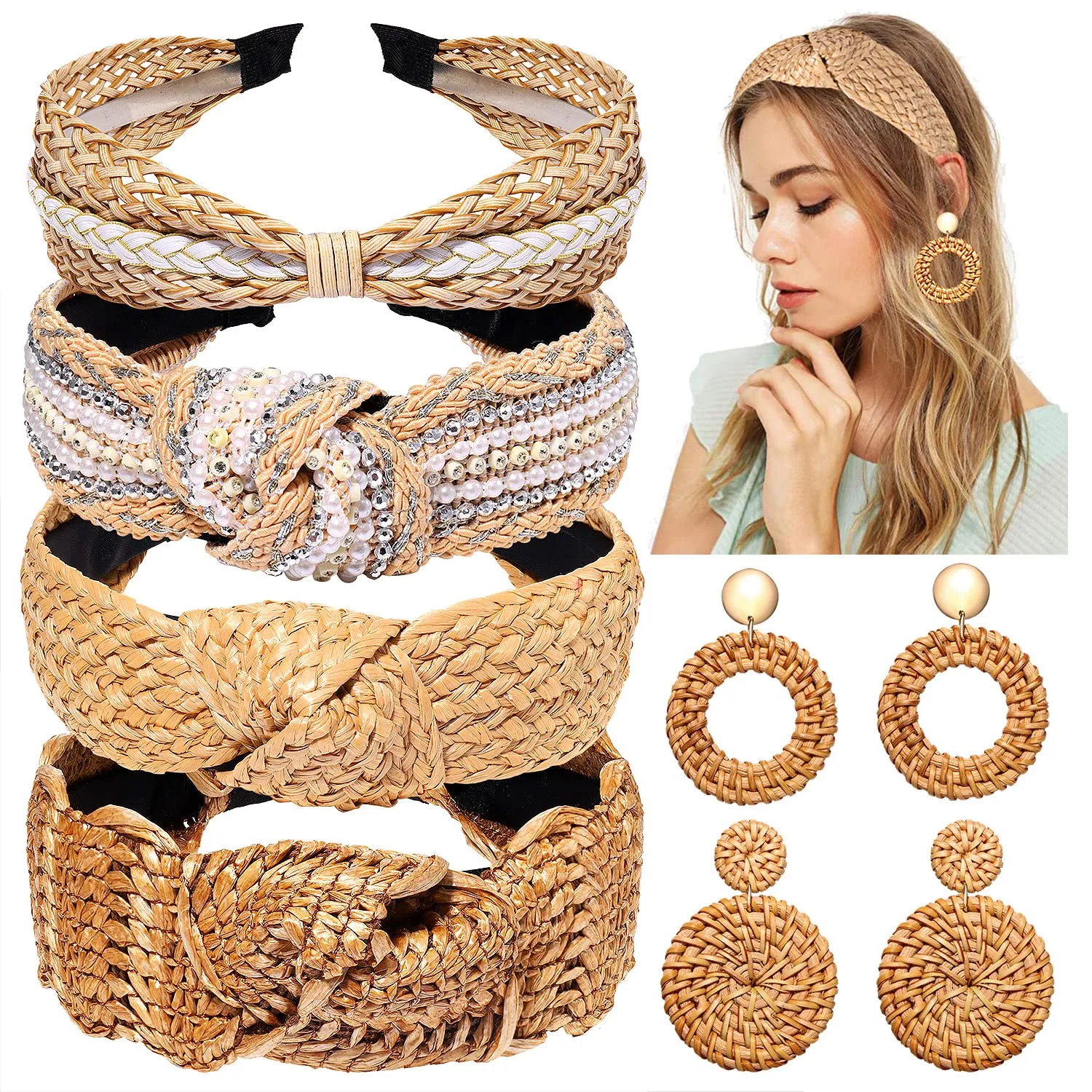 NVENF 6Pack Straw Headbands Rattan Earrings for Women, Boho Raffia Straw Knotted Hairband, Wide Woven Twist Hair Hoop, Summer Beach Headwear Hair Accessory