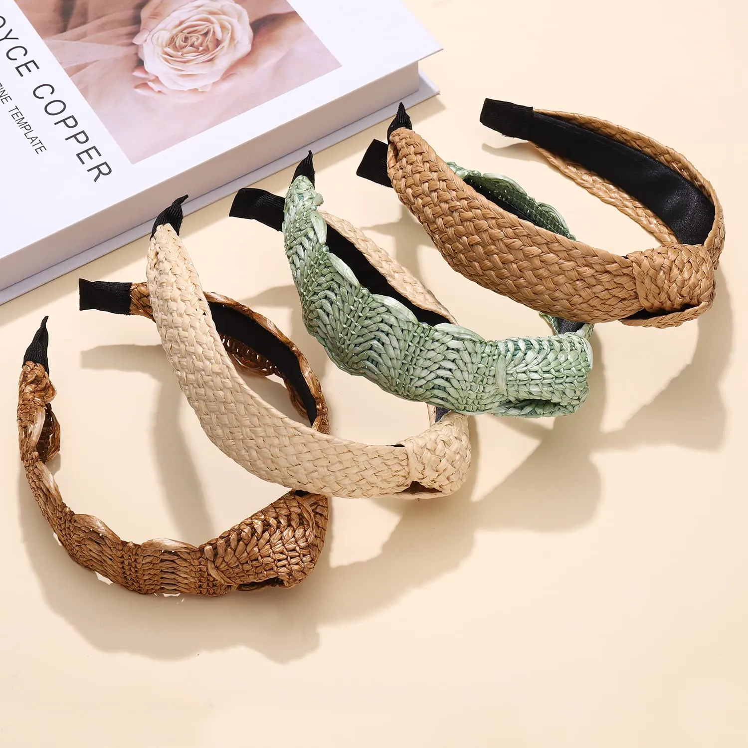 NVENF 6Pack Straw Headbands Rattan Earrings for Women, Boho Raffia Straw Knotted Hairband, Wide Woven Twist Hair Hoop, Summer Beach Headwear Hair Accessory