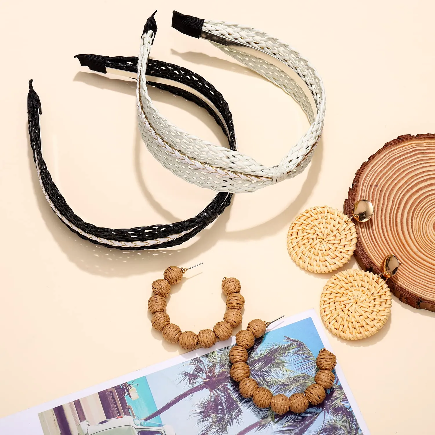 NVENF 6Pack Straw Headbands Rattan Earrings for Women, Boho Raffia Straw Knotted Hairband, Wide Woven Twist Hair Hoop, Summer Beach Headwear Hair Accessory