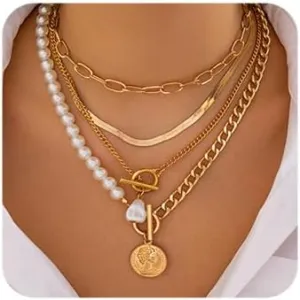 Octwine Boho Simple Layered Gold Pearls Choker Necklaces for Women Stackable Gold Chain Necklace Layering Pearls Pendant Trendy Gold Necklaces Set for Women