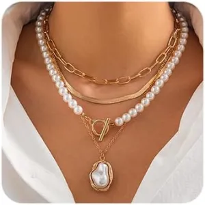 Octwine Boho Simple Layered Gold Silver Pearls Choker Necklaces for Women Stackable Gold Silver Chain Necklace Layering Pearls Pendant Trendy Gold Necklaces Set for Women