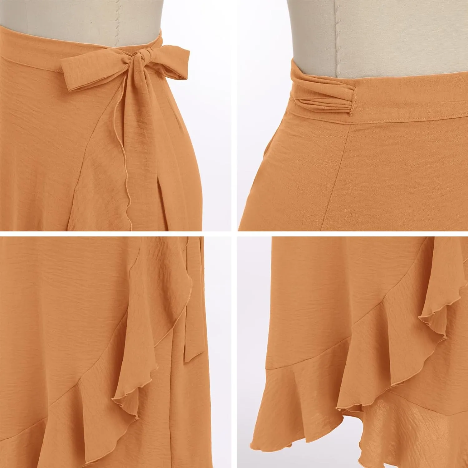 ODIZLI Women's Wrap Skirt High Waist Irregular High-Low Hemline Tie Waist Ruffle A-line Midi Skirt