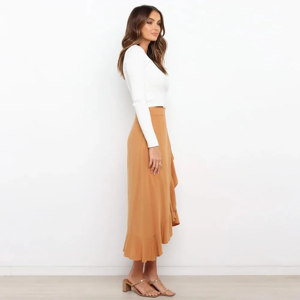 ODIZLI Women's Wrap Skirt High Waist Irregular High-Low Hemline Tie Waist Ruffle A-line Midi Skirt