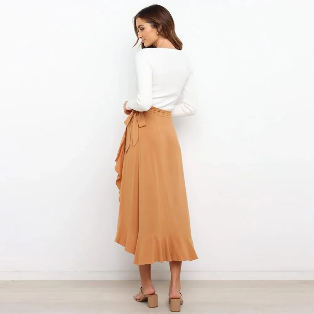 ODIZLI Women's Wrap Skirt High Waist Irregular High-Low Hemline Tie Waist Ruffle A-line Midi Skirt