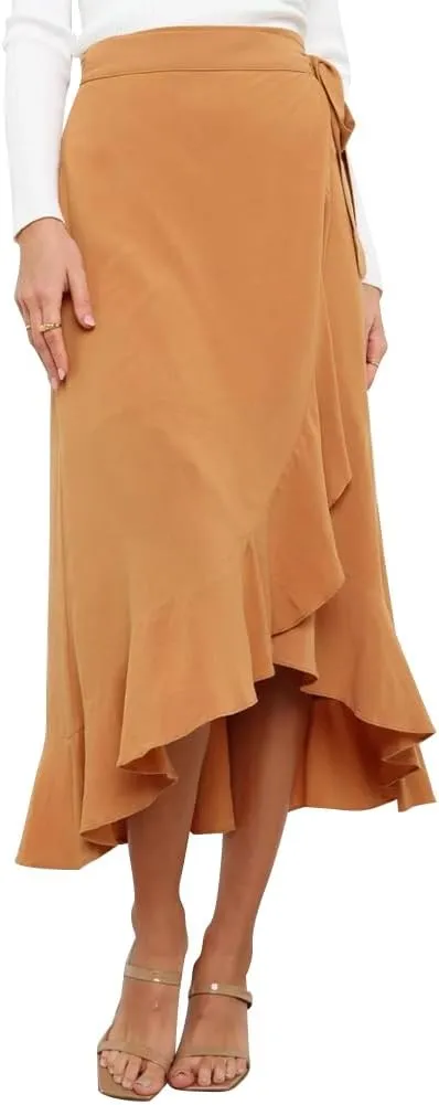 ODIZLI Women's Wrap Skirt High Waist Irregular High-Low Hemline Tie Waist Ruffle A-line Midi Skirt