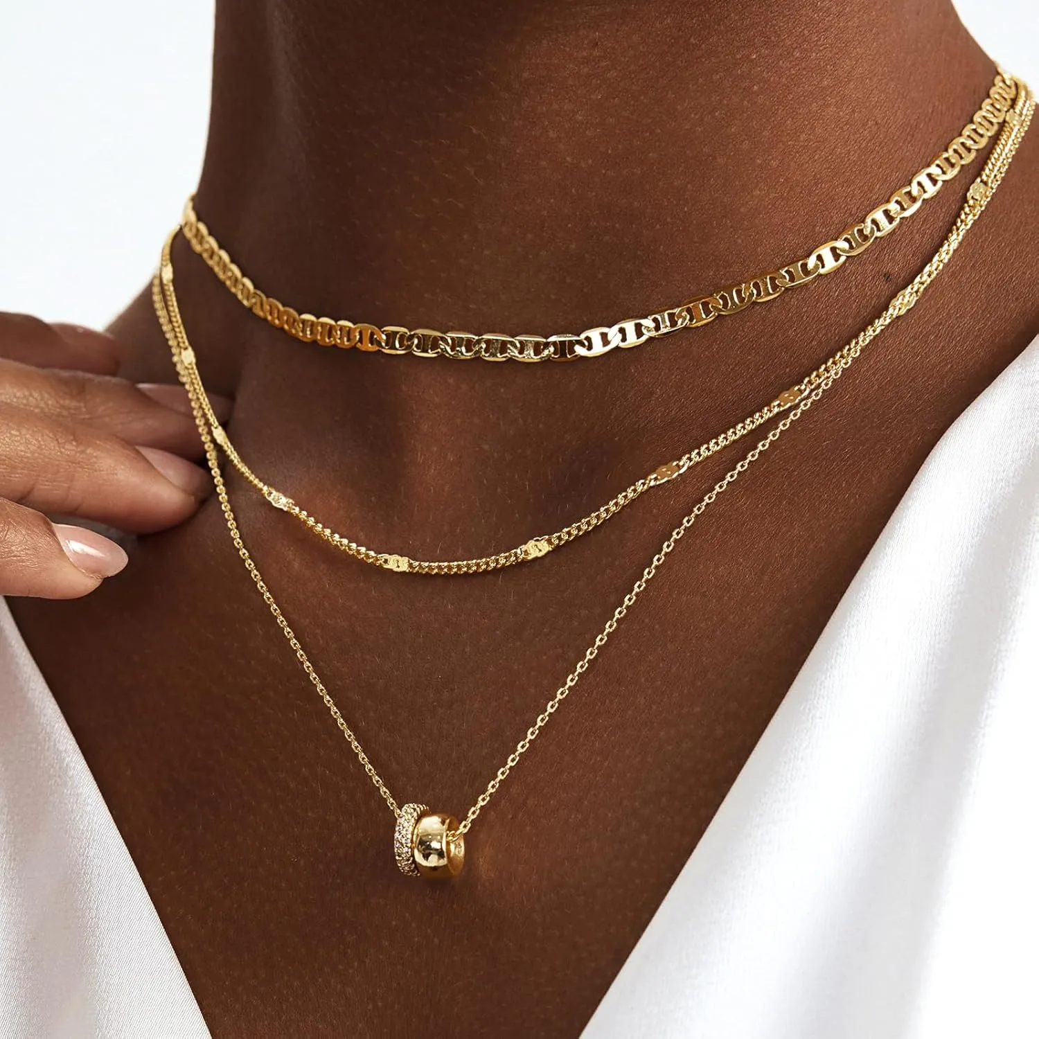 OGD Layered CZ Rondelle Pendant Necklaces for Women, 14K Gold Plated Trendy Mariner Chain Dainty Circle Rondelle Pendant Choker Necklace for Women Two-Toned Cubic Zirconia Gold Necklace