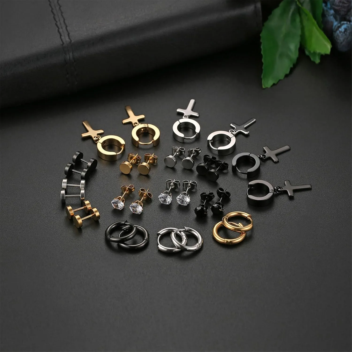 OIDEA 12/14/15/18 Pairs Earrings for Men: Stainless Steel Mens Earrings Stud Cross Dangle Hoop Earrings Set Jewelry Gift for Men Women