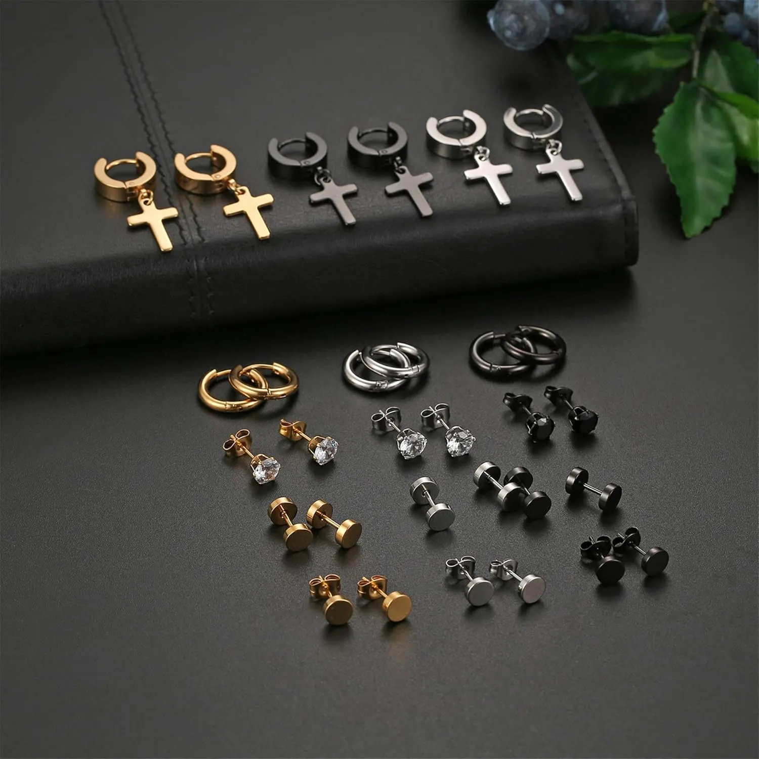OIDEA 12/14/15/18 Pairs Earrings for Men: Stainless Steel Mens Earrings Stud Cross Dangle Hoop Earrings Set Jewelry Gift for Men Women