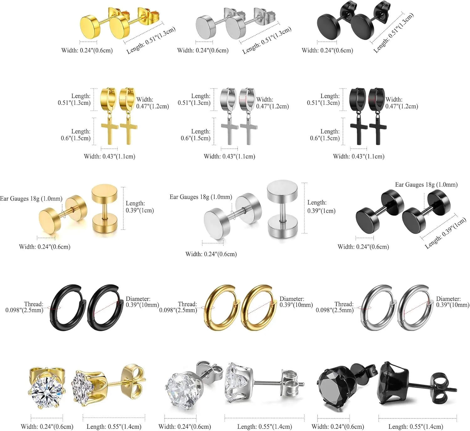 OIDEA 12/14/15/18 Pairs Earrings for Men: Stainless Steel Mens Earrings Stud Cross Dangle Hoop Earrings Set Jewelry Gift for Men Women