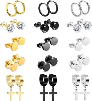 OIDEA 12/14/15/18 Pairs Earrings for Men: Stainless Steel Mens Earrings Stud Cross Dangle Hoop Earrings Set Jewelry Gift for Men Women