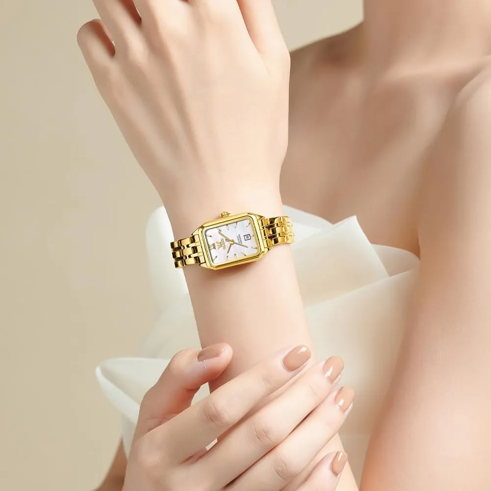 OLEVS Gold Watches for Women Square Luxury Business Rectangle Ladies Watches for Woman with Date Water Resistant Ladies Watch for Small Wrists Reloj para Mujer Diamond Blue/Green/Black/White/Gold