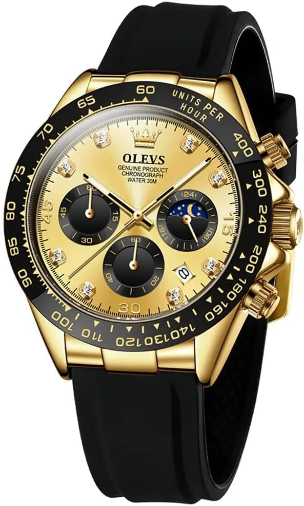 OLEVS Men Analog Quartz Waterproof Watches Multifunction Chronograph Diamond Moon Phase Luminous Silicone Band Wrist Watches
