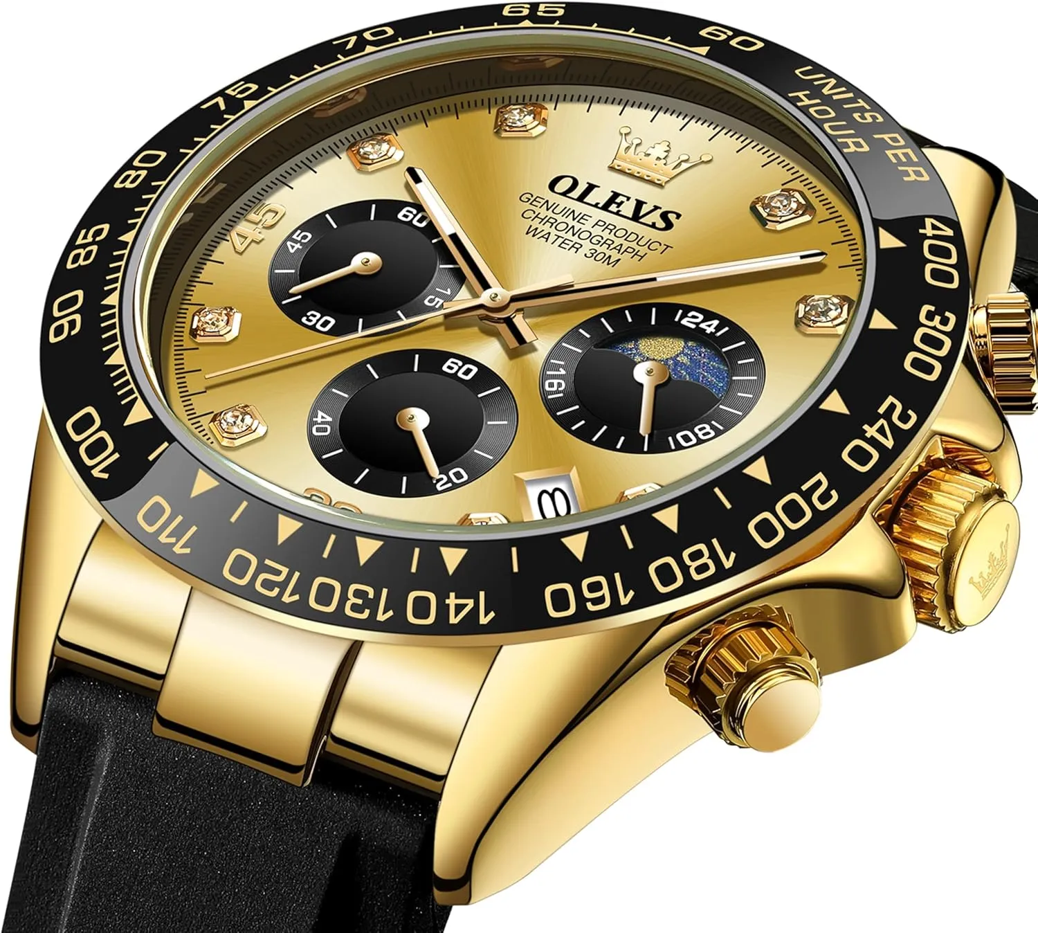 OLEVS Men Analog Quartz Waterproof Watches Multifunction Chronograph Diamond Moon Phase Luminous Silicone Band Wrist Watches