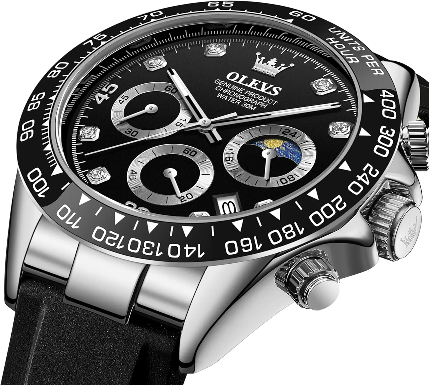 OLEVS Men Analog Quartz Waterproof Watches Multifunction Chronograph Diamond Moon Phase Luminous Silicone Band Wrist Watches