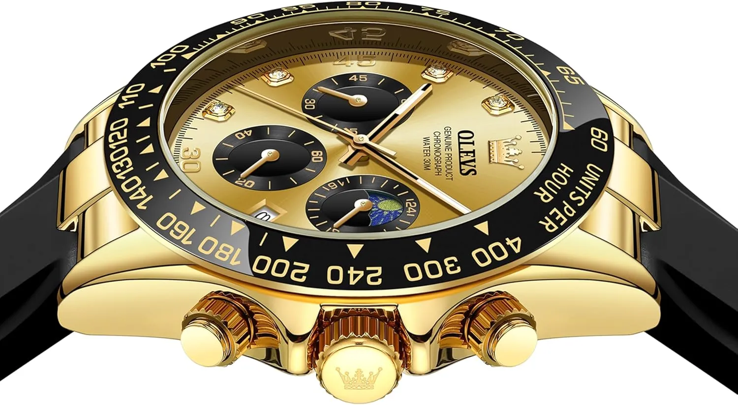 OLEVS Men Analog Quartz Waterproof Watches Multifunction Chronograph Diamond Moon Phase Luminous Silicone Band Wrist Watches