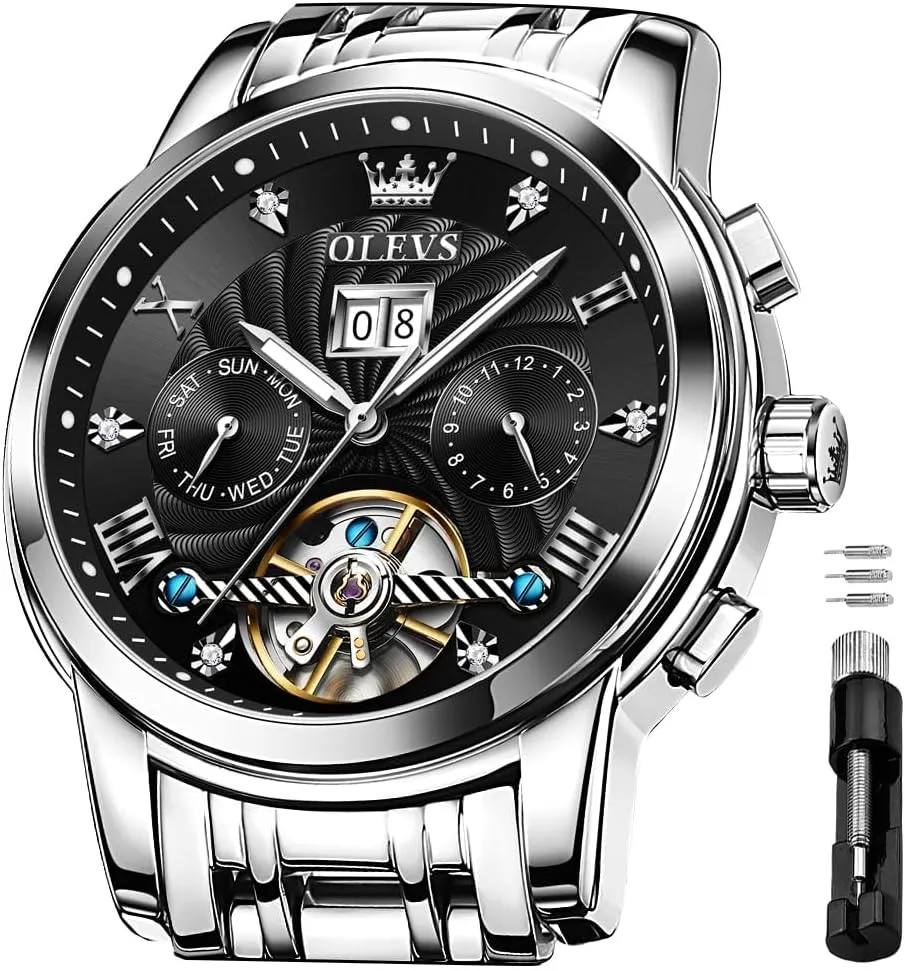 OLEVS Men's Automatic Mechanical Watches Luxury Dress Waterproof Self Winding Moon Phase Chronograph Stainless Steel Luminous Date Tourbillon Wristwatch for Men