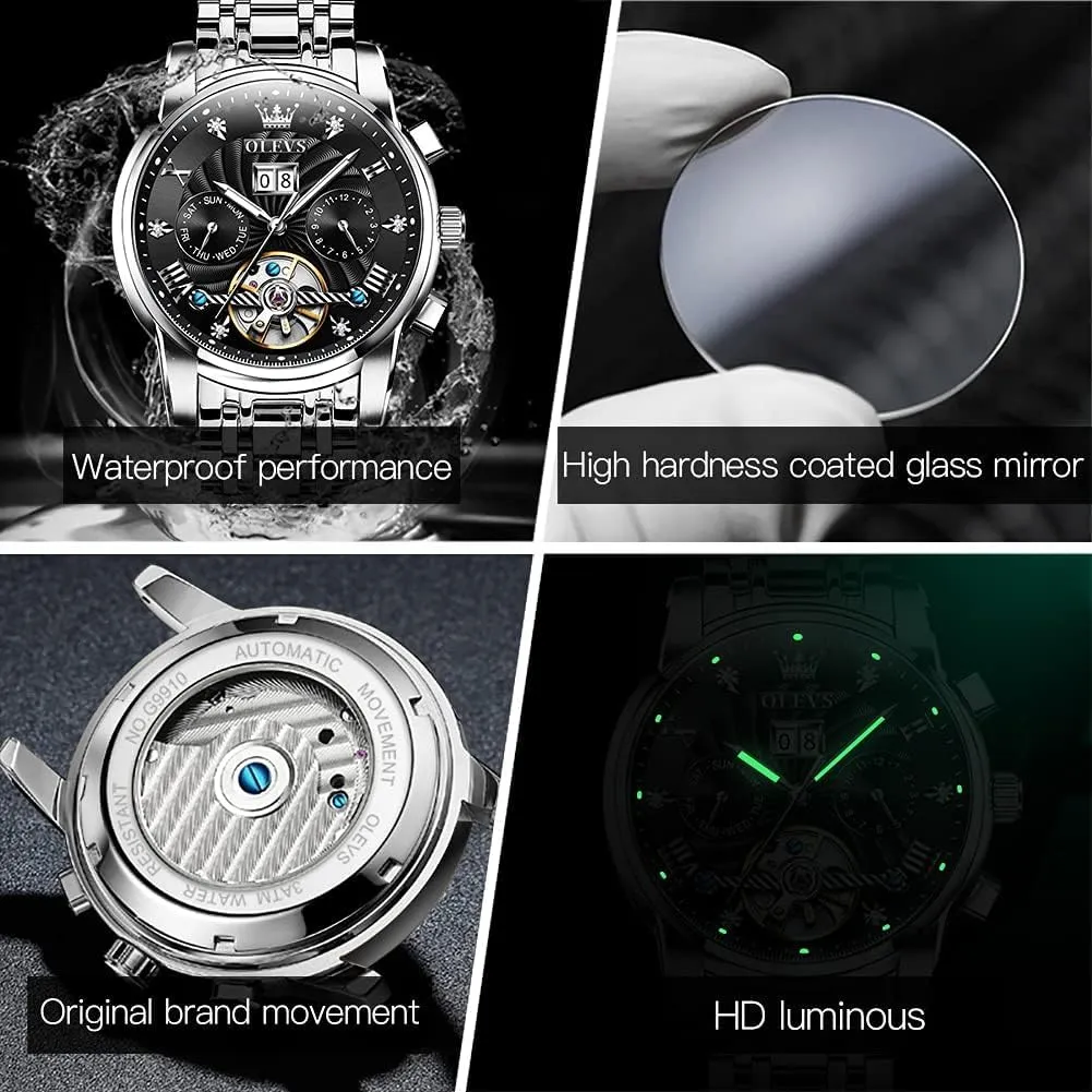 OLEVS Men's Automatic Mechanical Watches Luxury Dress Waterproof Self Winding Moon Phase Chronograph Stainless Steel Luminous Date Tourbillon Wristwatch for Men