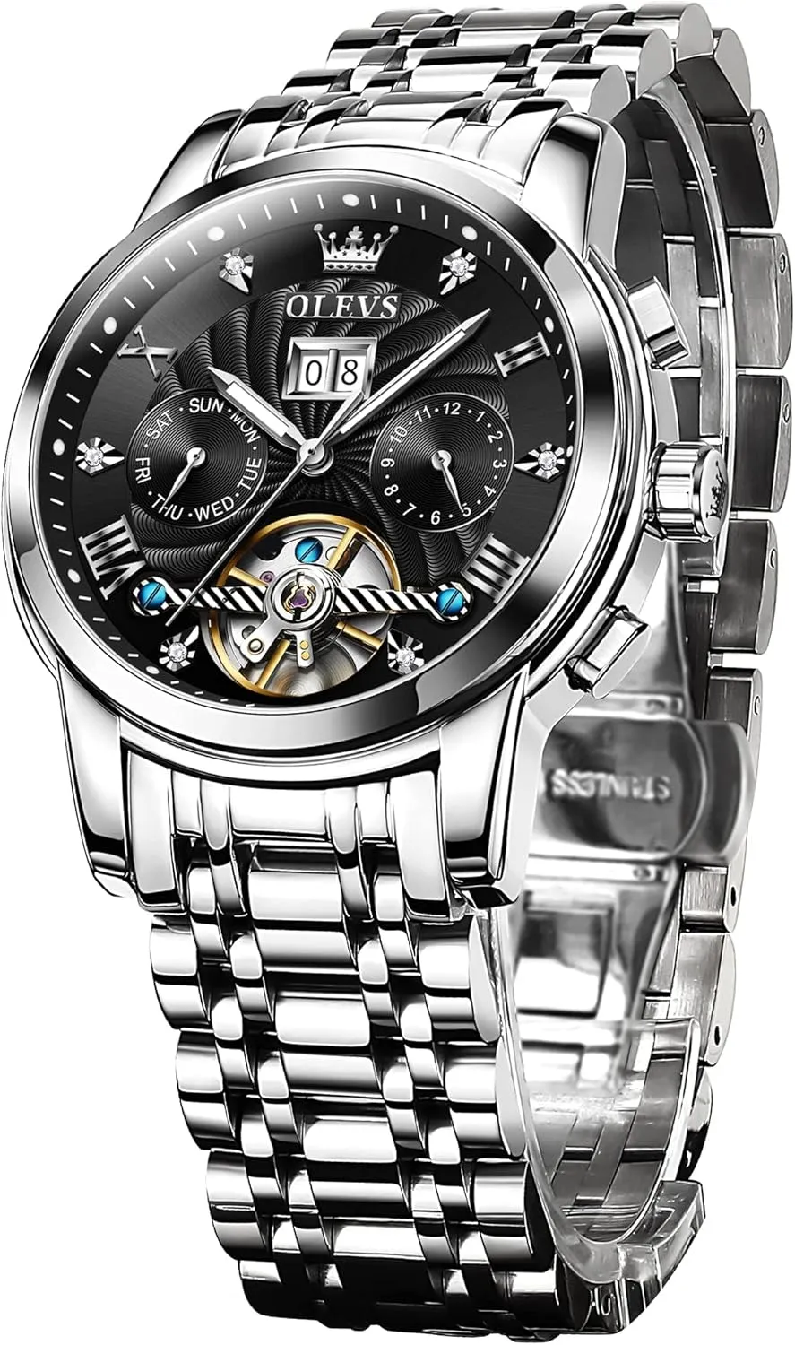 OLEVS Men's Automatic Mechanical Watches Luxury Dress Waterproof Self Winding Moon Phase Chronograph Stainless Steel Luminous Date Tourbillon Wristwatch for Men
