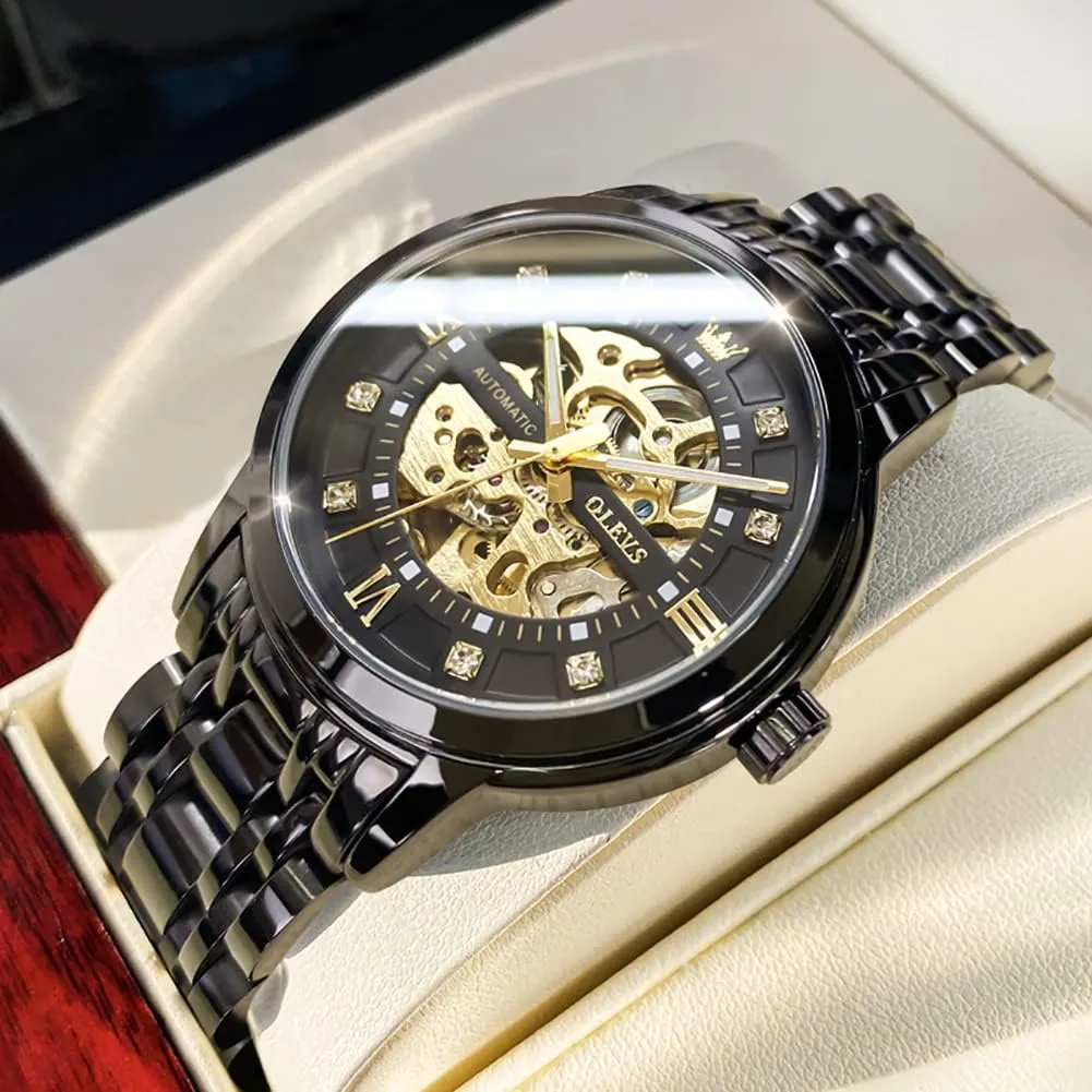 OLEVS Mens Automatic Watch Skeleton Diamond Luxury Mechanical Self Winding Dress Wrist Watch Waterproof Luminous