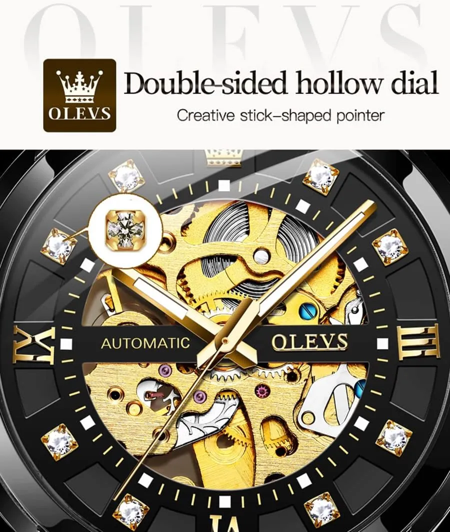 OLEVS Mens Automatic Watch Skeleton Diamond Luxury Mechanical Self Winding Dress Wrist Watch Waterproof Luminous