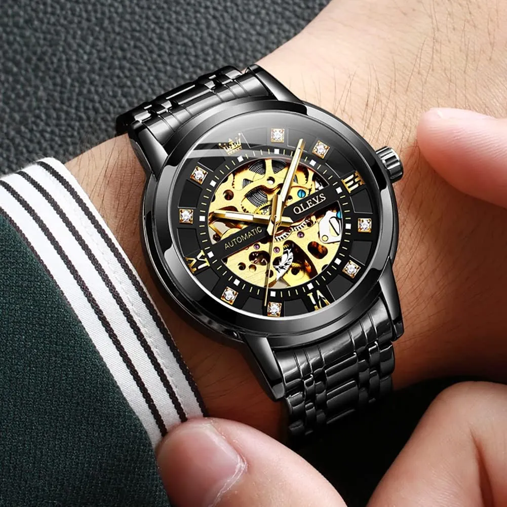 OLEVS Mens Automatic Watch Skeleton Diamond Luxury Mechanical Self Winding Dress Wrist Watch Waterproof Luminous