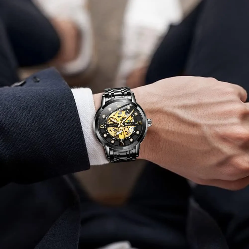 OLEVS Mens Automatic Watch Skeleton Diamond Luxury Mechanical Self Winding Dress Wrist Watch Waterproof Luminous
