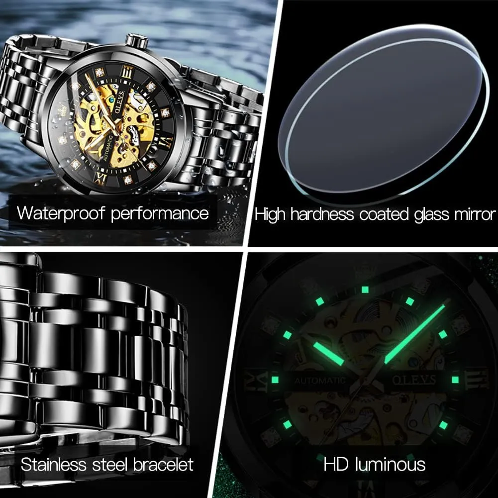 OLEVS Mens Automatic Watch Skeleton Diamond Luxury Mechanical Self Winding Dress Wrist Watch Waterproof Luminous