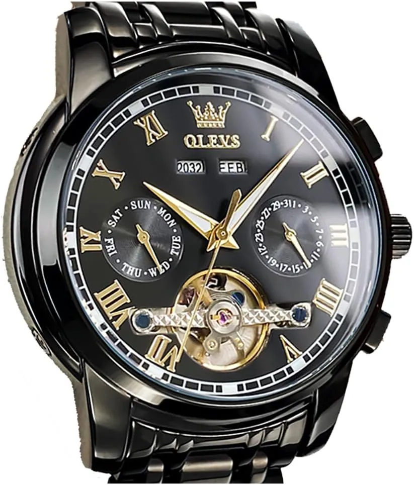 OLEVS Self Winding Watches for Men Automatic Mechanical Dress Tourbillon Stainless Steel Dual Calendar Waterproof Luminous Wrist Watch