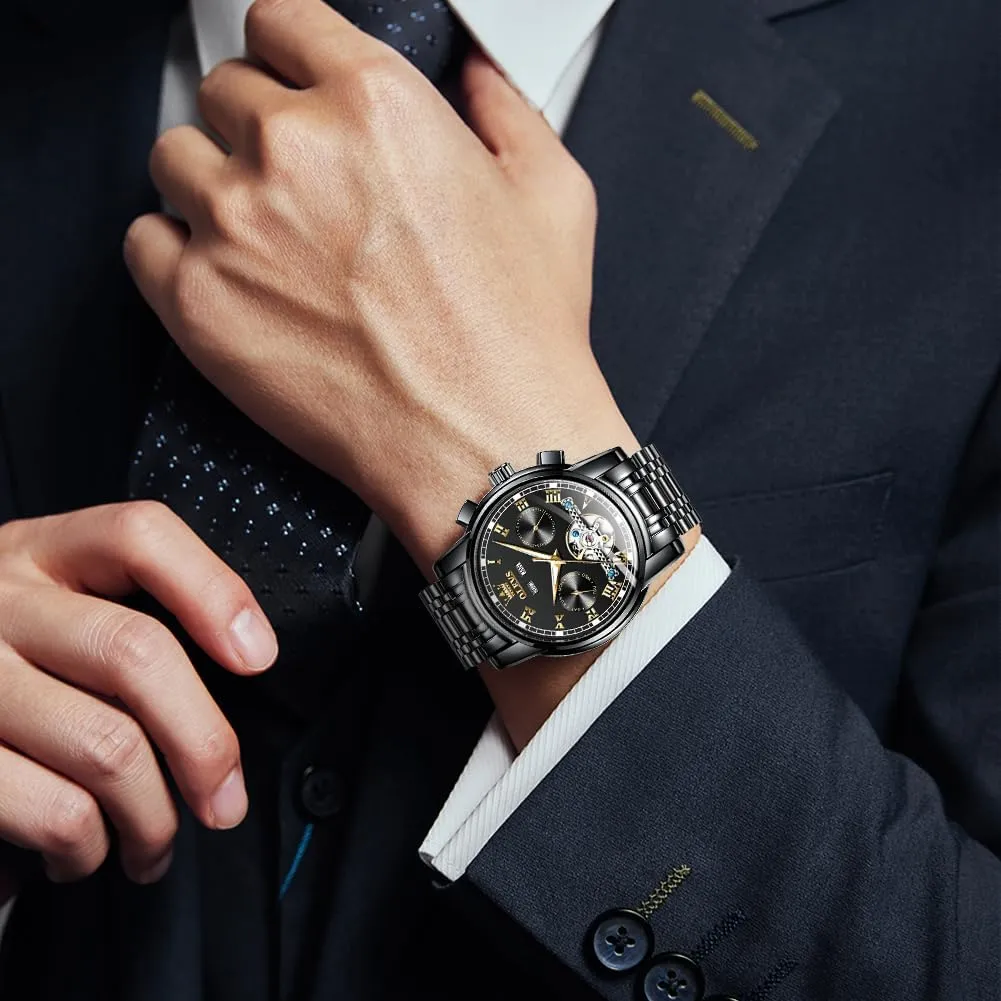 OLEVS Self Winding Watches for Men Automatic Mechanical Dress Tourbillon Stainless Steel Dual Calendar Waterproof Luminous Wrist Watch