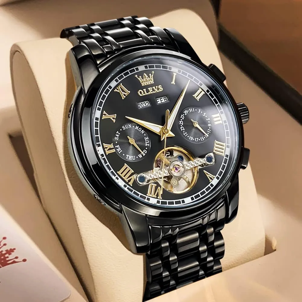 OLEVS Self Winding Watches for Men Automatic Mechanical Dress Tourbillon Stainless Steel Dual Calendar Waterproof Luminous Wrist Watch