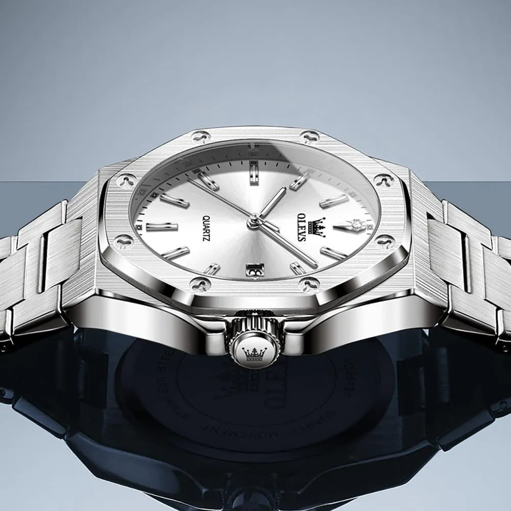 OLEVS Watches for Men Stainless Steel Business Dress Large Easy to Read Analog Watch Waterproof Luminous Casual Luxury Men Watch
