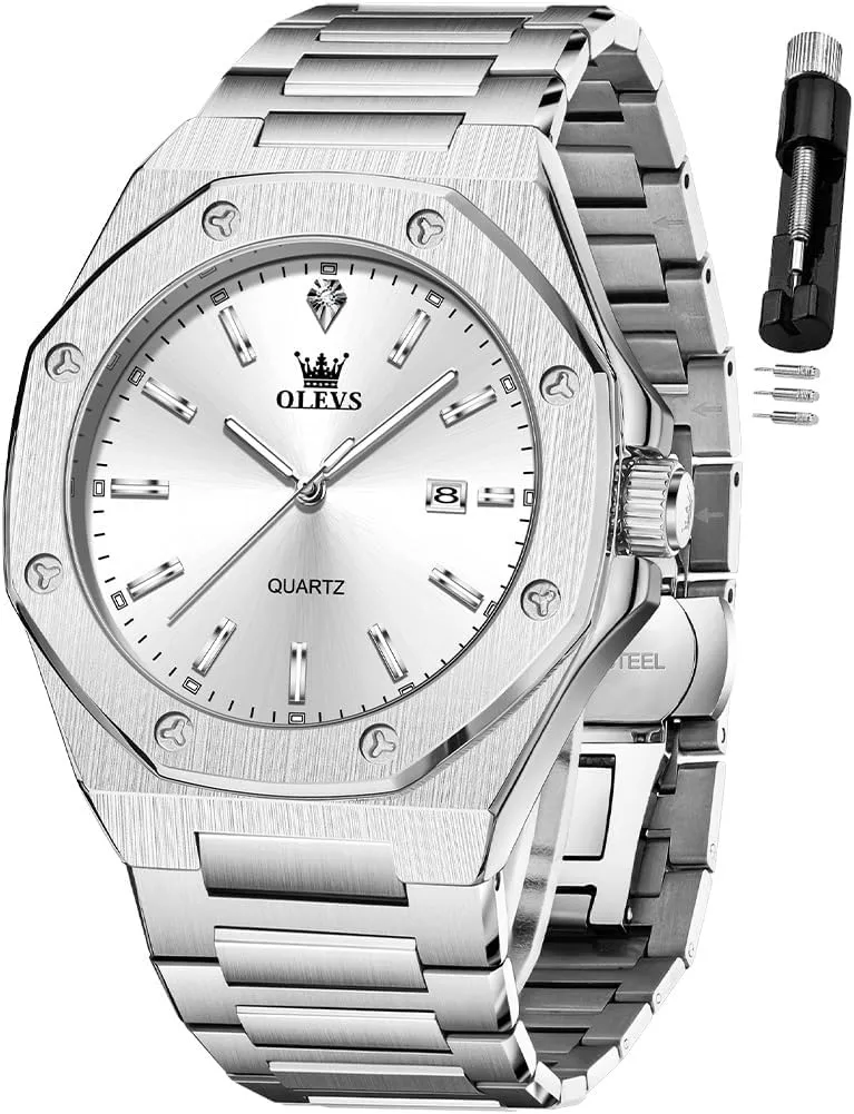 OLEVS Watches for Men Stainless Steel Business Dress Large Easy to Read Analog Watch Waterproof Luminous Casual Luxury Men Watch