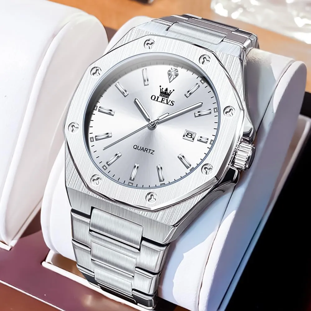 OLEVS Watches for Men Stainless Steel Business Dress Large Easy to Read Analog Watch Waterproof Luminous Casual Luxury Men Watch