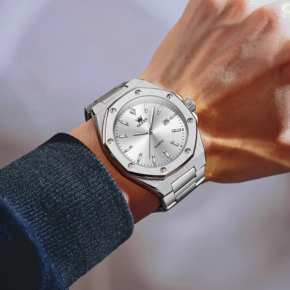 OLEVS Watches for Men Stainless Steel Business Dress Large Easy to Read Analog Watch Waterproof Luminous Casual Luxury Men Watch
