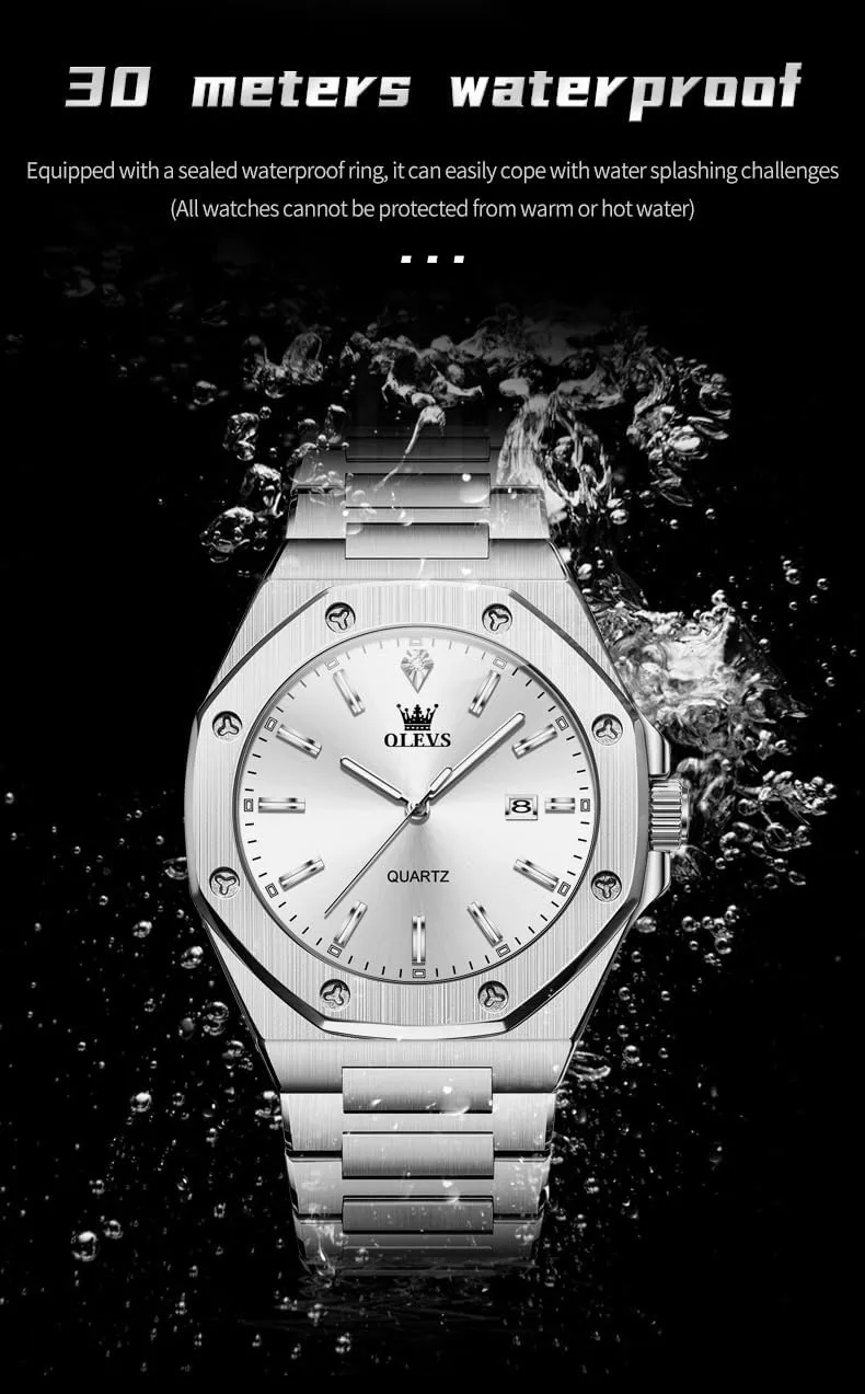 OLEVS Watches for Men Stainless Steel Business Dress Large Easy to Read Analog Watch Waterproof Luminous Casual Luxury Men Watch