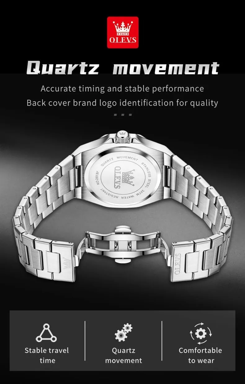 OLEVS Watches for Men Stainless Steel Business Dress Large Easy to Read Analog Watch Waterproof Luminous Casual Luxury Men Watch