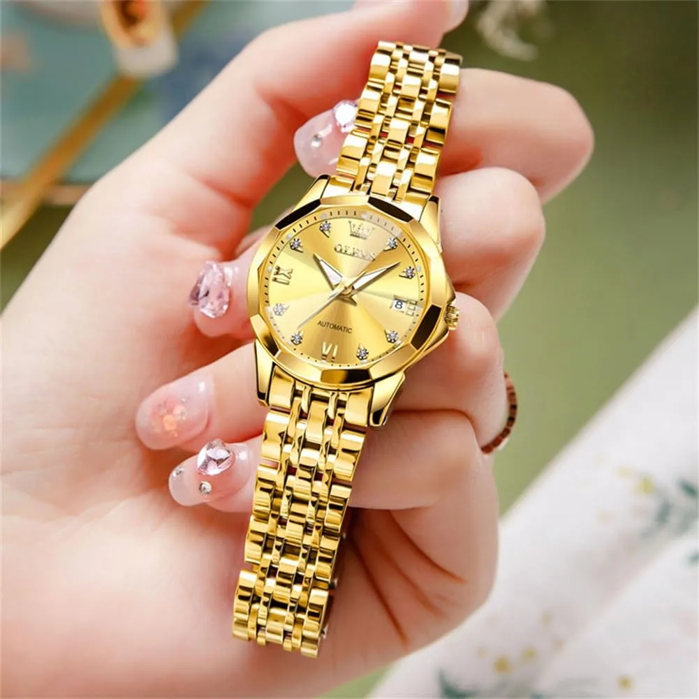 OLEVS Womens Automatic Watches Diamond Stainless Steel Self Winding Ladies Dress Wrist Watches Luminous Waterproof