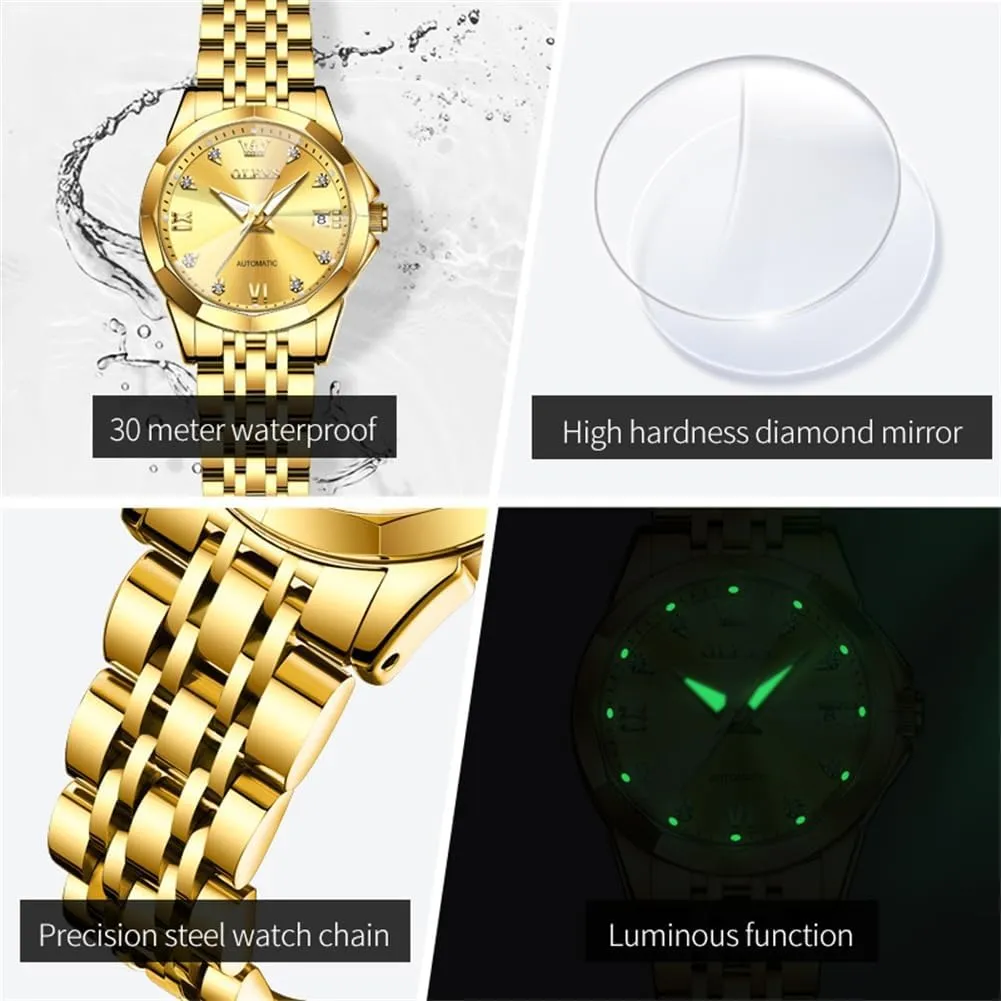 OLEVS Womens Automatic Watches Diamond Stainless Steel Self Winding Ladies Dress Wrist Watches Luminous Waterproof