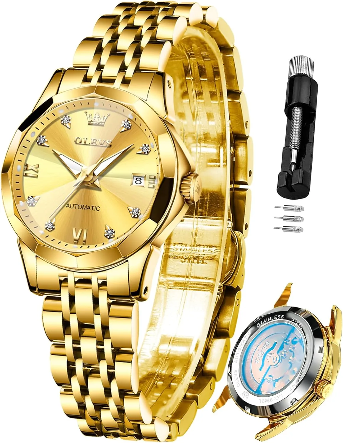 OLEVS Womens Automatic Watches Diamond Stainless Steel Self Winding Ladies Dress Wrist Watches Luminous Waterproof