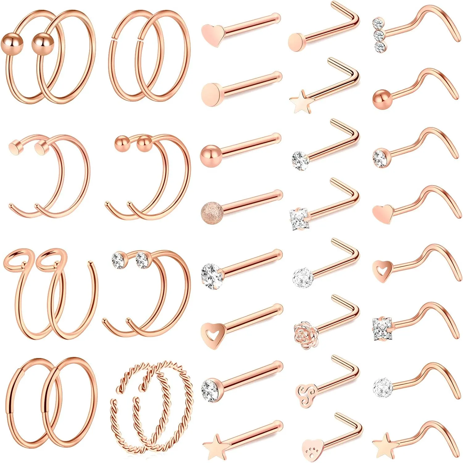 ONESING 35-70 PCS 18G 20G Nose Rings for Women & Men - Gold Hoops, L Shape, Studs & Screw - 316L Surgical Stainless Steel