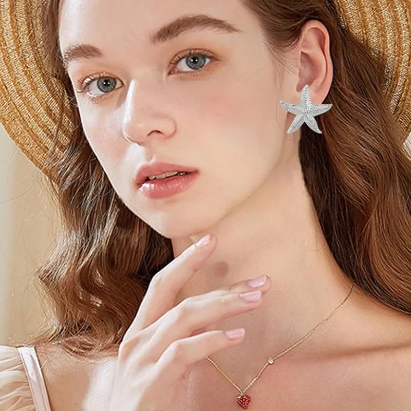 ONLYJUMP Chunky Gold Stud Earrings for Women Asymmetric Zircon Earrings Boho Ocean Sea Scallop Shell Earrings Refined Starfish Shell Pearl Earrings Summer Beach Ocean Jewelry Gift
