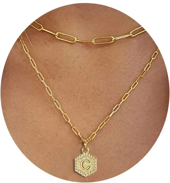 ONLYJUMP Dainty Gold Necklace for Women 14K Gold Over Layering Necklaces Paperclip Link Chain Necklace Personalized Coin Initial Layered Gold Necklaces for Jewelry Gifts