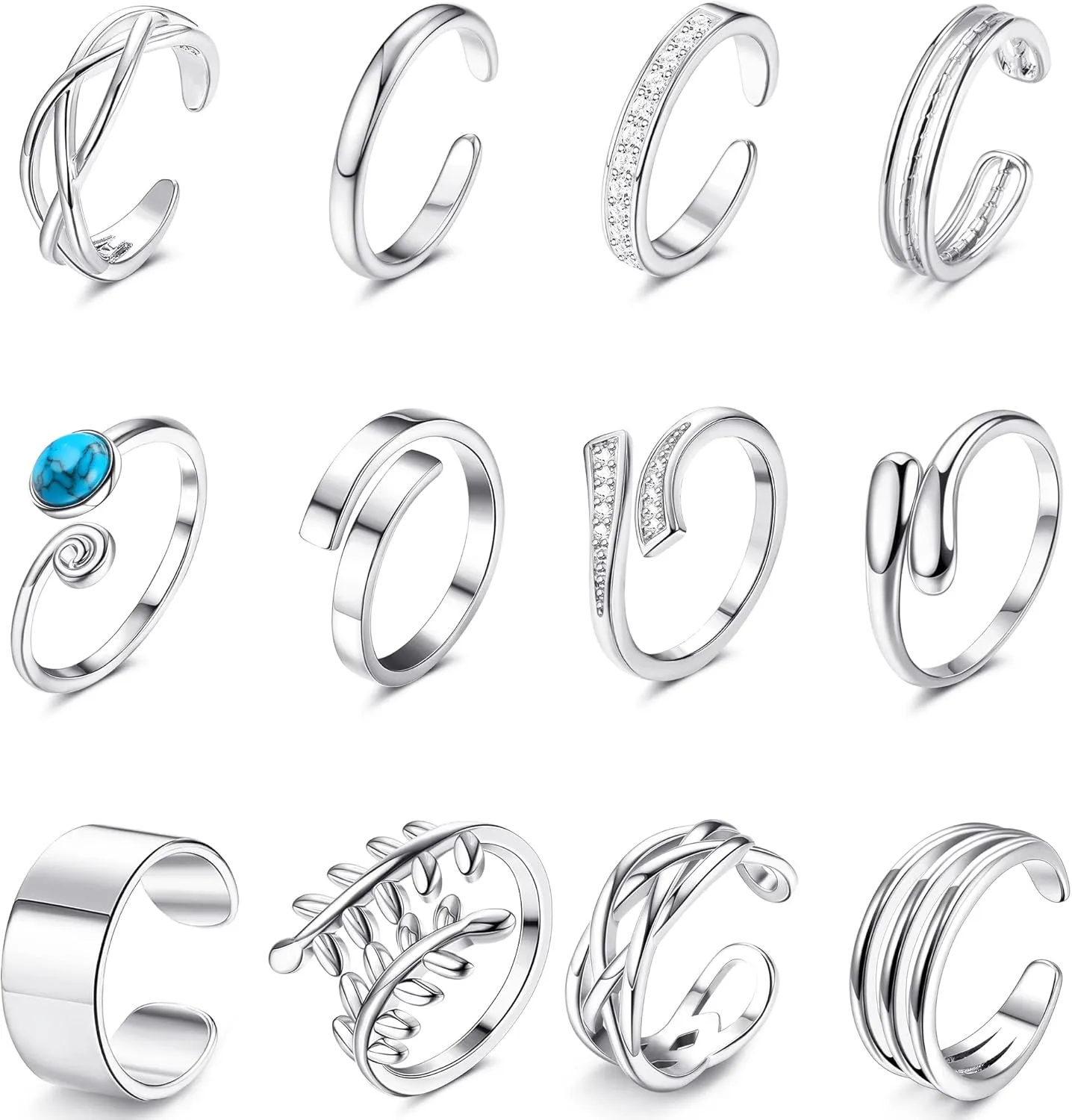ORAZIO 12 PCS Toe Rings for Women 14K Gold Plated Adjustable Toe Rings Cubic Zirconia Open Cuff Toe Ring Silver Band Tail Ring Set for Summer Beach Foot Jewelry