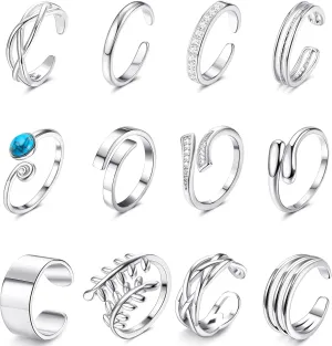 ORAZIO 12 PCS Toe Rings for Women 14K Gold Plated Adjustable Toe Rings Cubic Zirconia Open Cuff Toe Ring Silver Band Tail Ring Set for Summer Beach Foot Jewelry