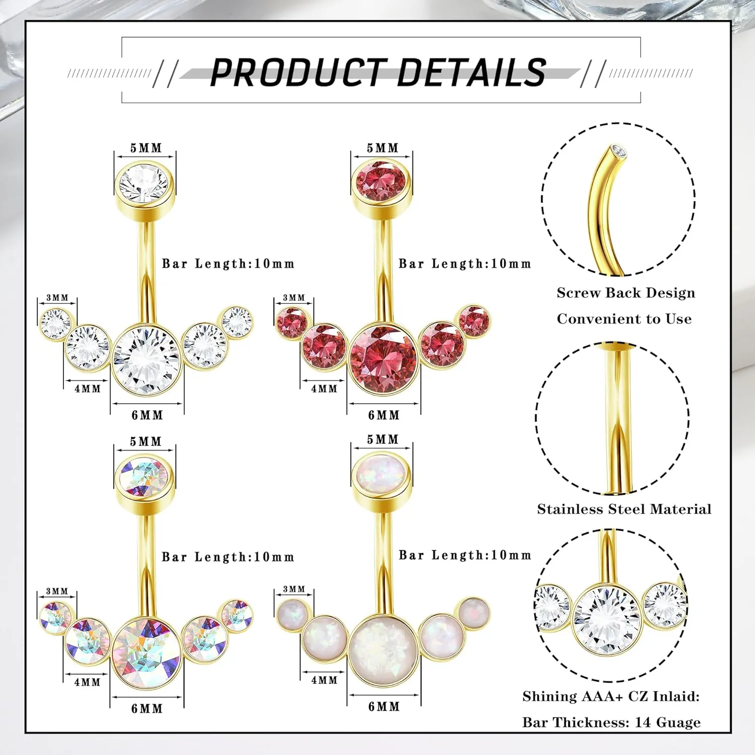 ORAZIO 4Pcs Belly Button Ring 14G Belly Rings Stainless Steel Barbell Belly Rings For Women Simple Long Bar Belly Button Rings CZ Belly Button Piercing Gold Silver Rose Gold Reverse Navel Rings Body Piercing Jewelry