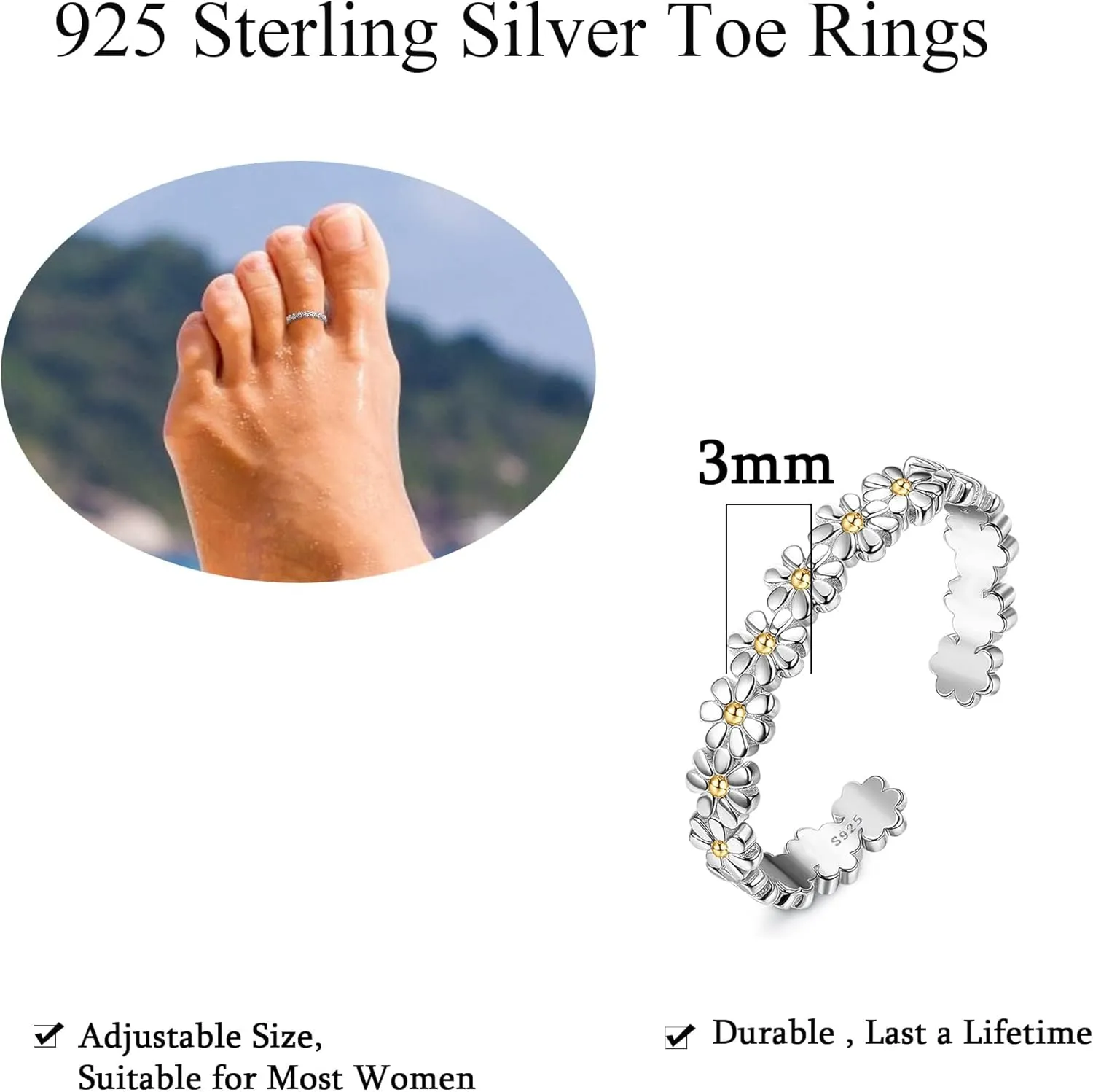 ORAZIO Toe Rings for Women 925 Sterling Silver Toe Rings Adjustable Band Silver Toe Rings Snake Cubic Zirconia Daisy Flower Open Cuff Toe Ring Set Beach Foot Jewelry for Summer